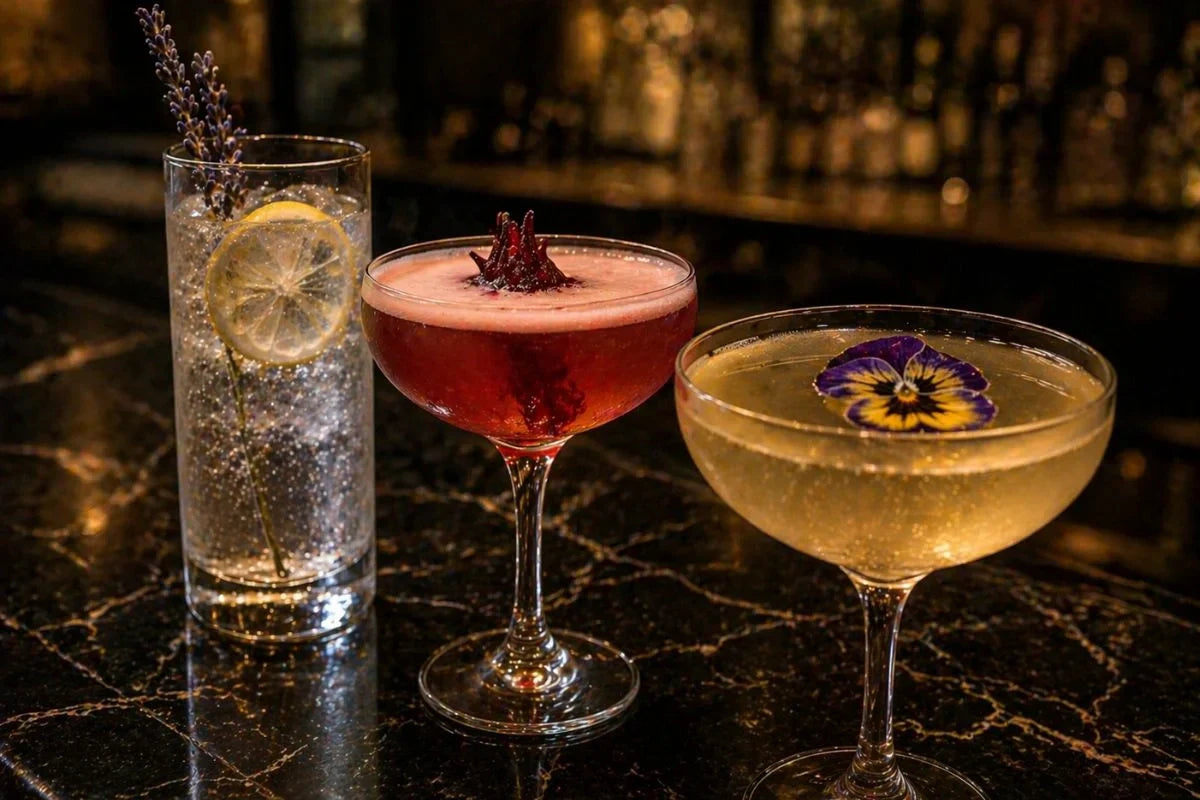 Three cocktails garnished with different edible flowers