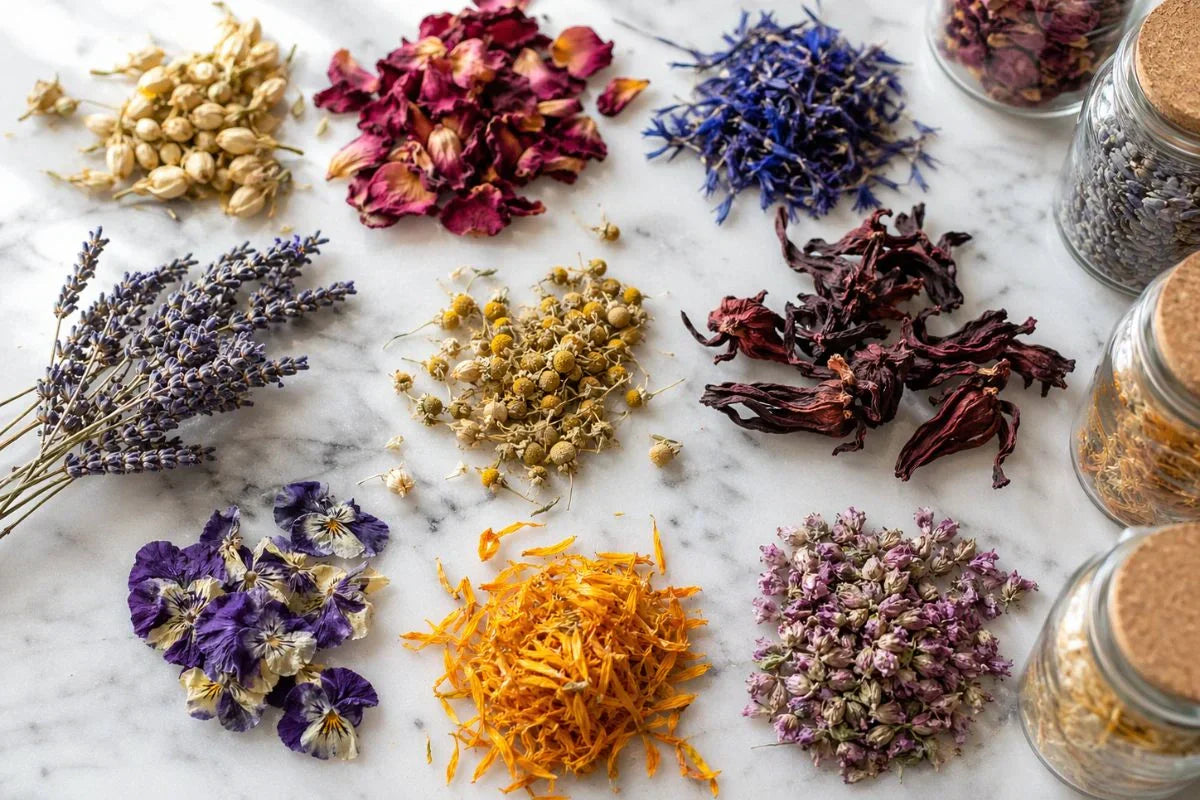 Dried edible flowers spread across marble countertop