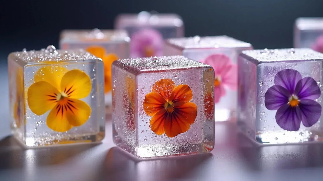 ice cubes with edible flower inside