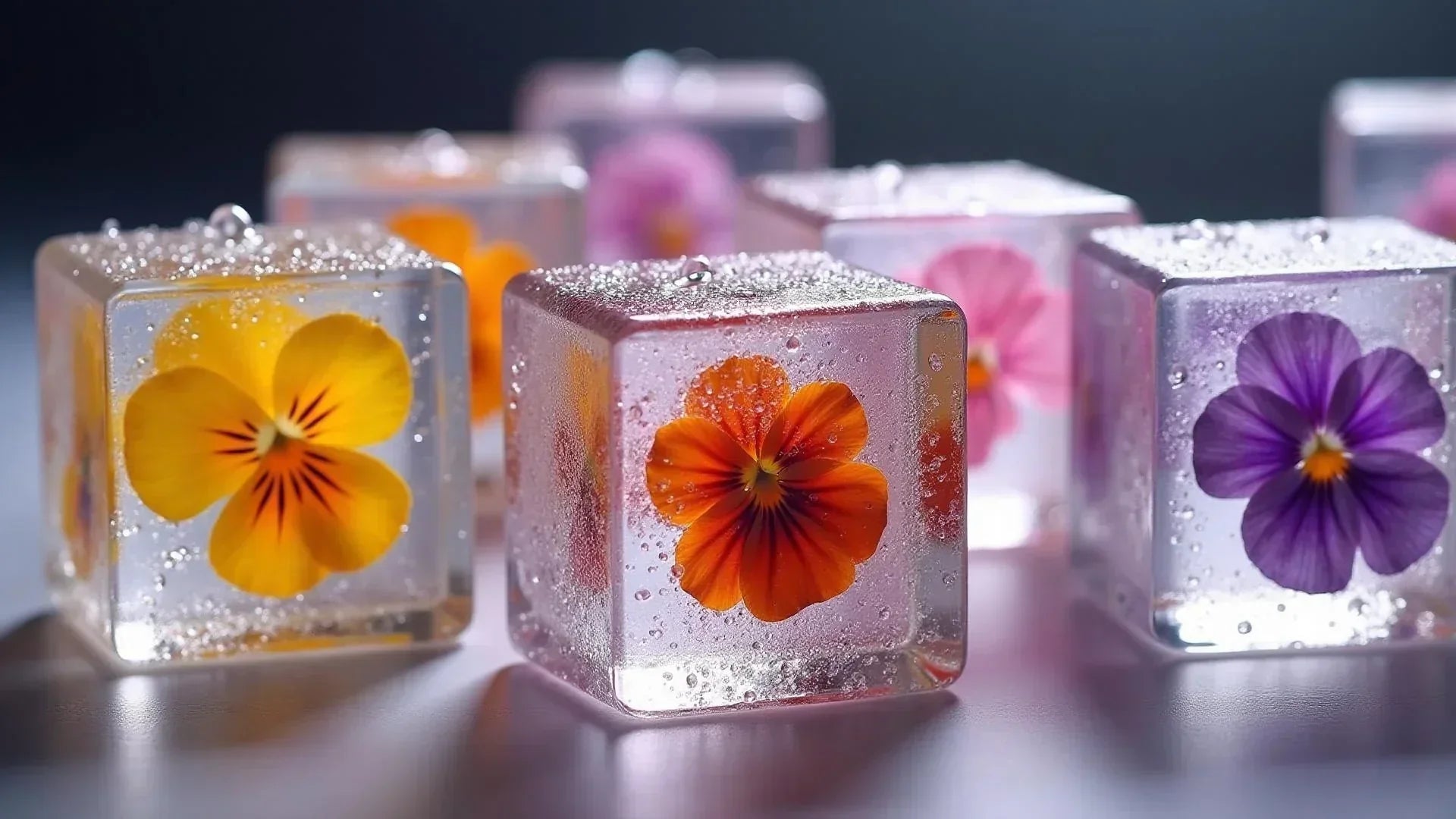 ice cubes with edible flower inside